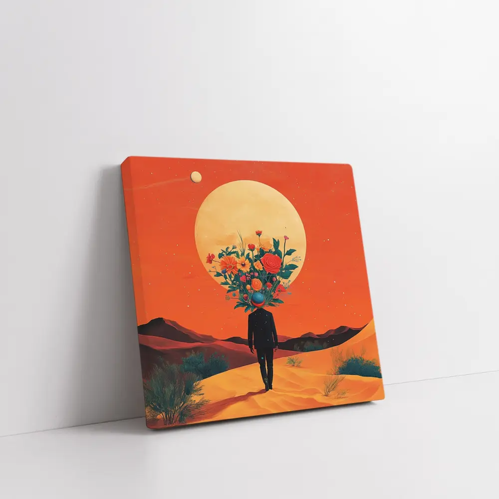 Flower Head Man Desert Surreal Orange Sky – Wall Art