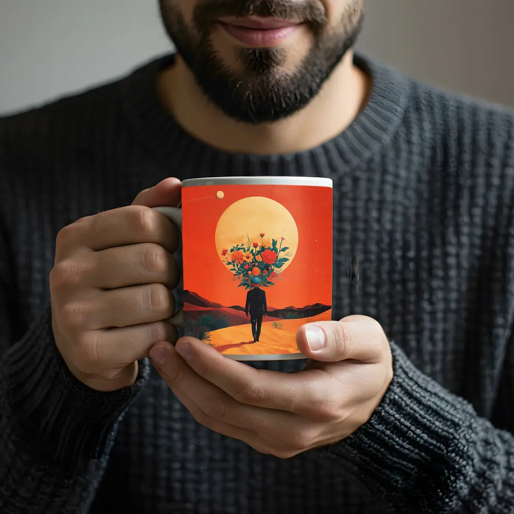 Flower Head Man Desert Surreal Orange Sky – Mugs