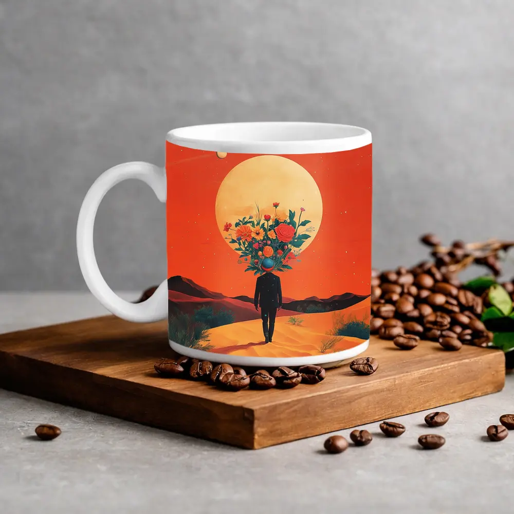 Flower Head Man Desert Surreal Orange Sky – Mugs