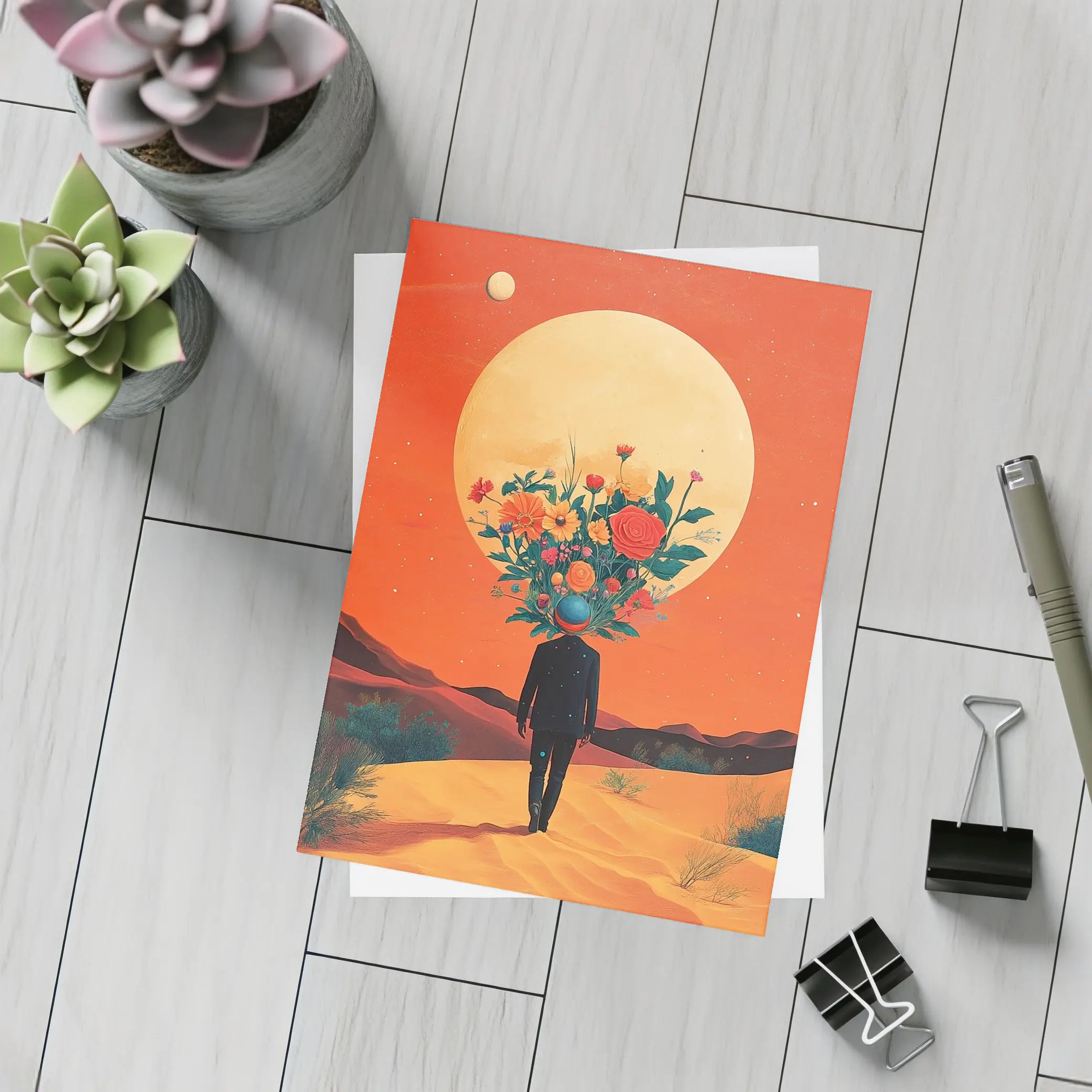 Flower Head Man Desert Surreal Orange Sky – Postcards