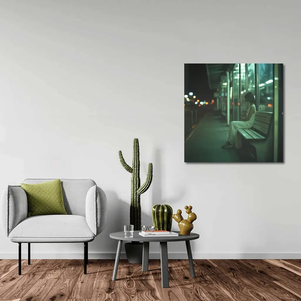 Woman Sitting Alone At Night Bus Stop – Wall Art