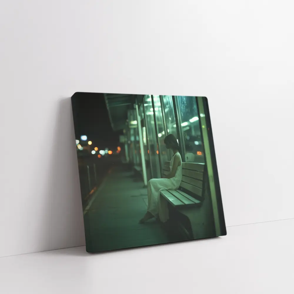 Woman Sitting Alone At Night Bus Stop – Wall Art