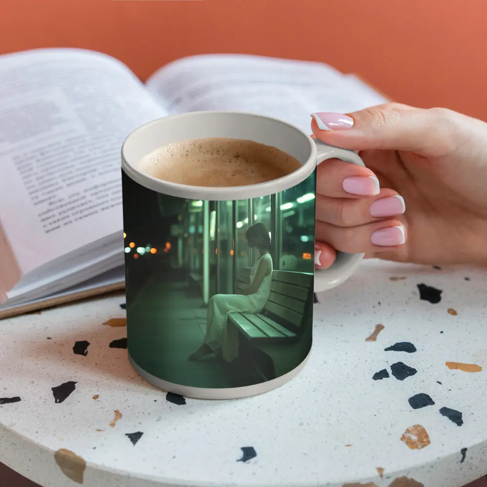 Woman Sitting Alone At Night Bus Stop – Mugs