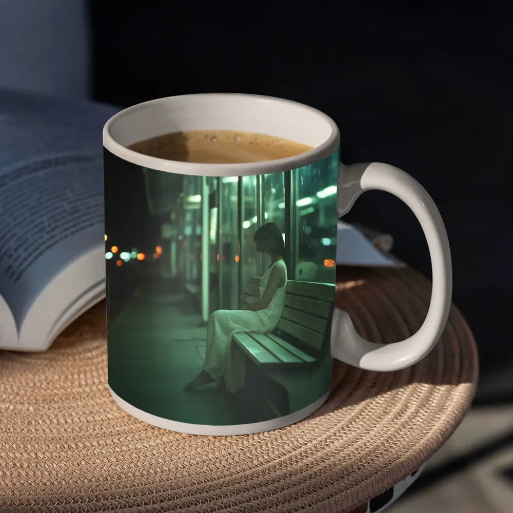 Woman Sitting Alone At Night Bus Stop – Mugs