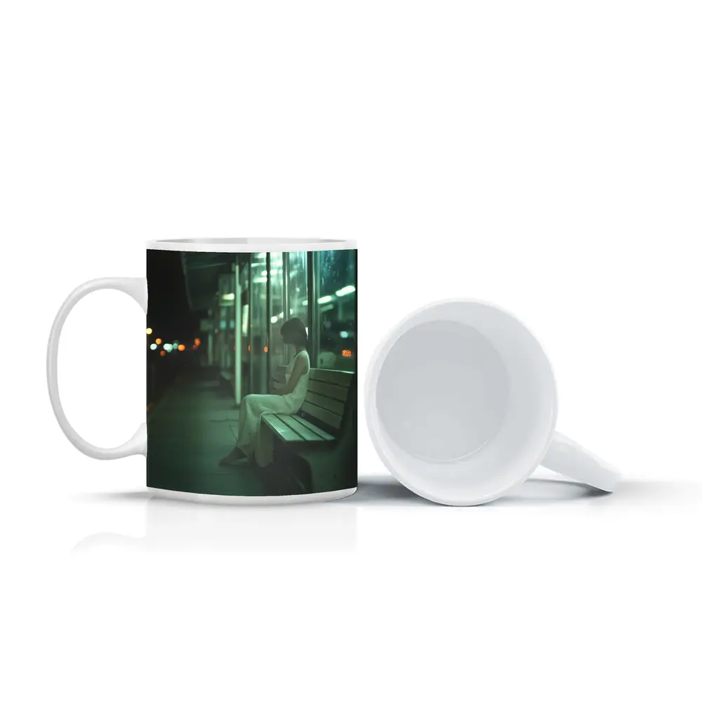 Woman Sitting Alone At Night Bus Stop – Mugs