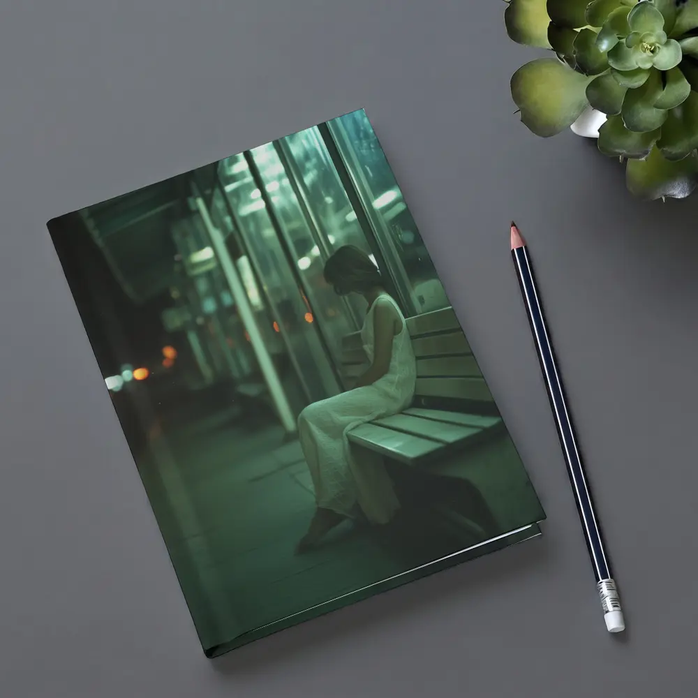 Woman Sitting Alone At Night Bus Stop – Notebooks