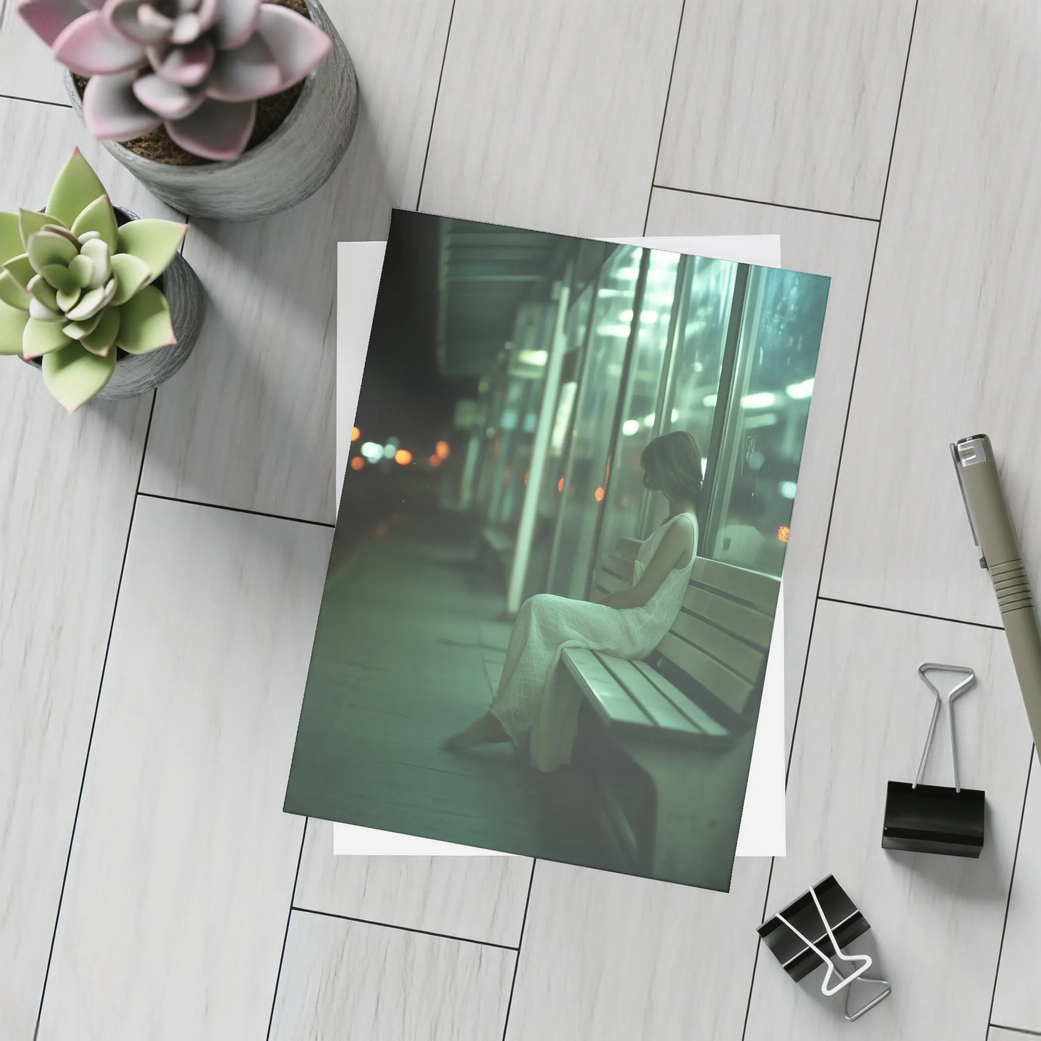 Woman Sitting Alone At Night Bus Stop – Postcards