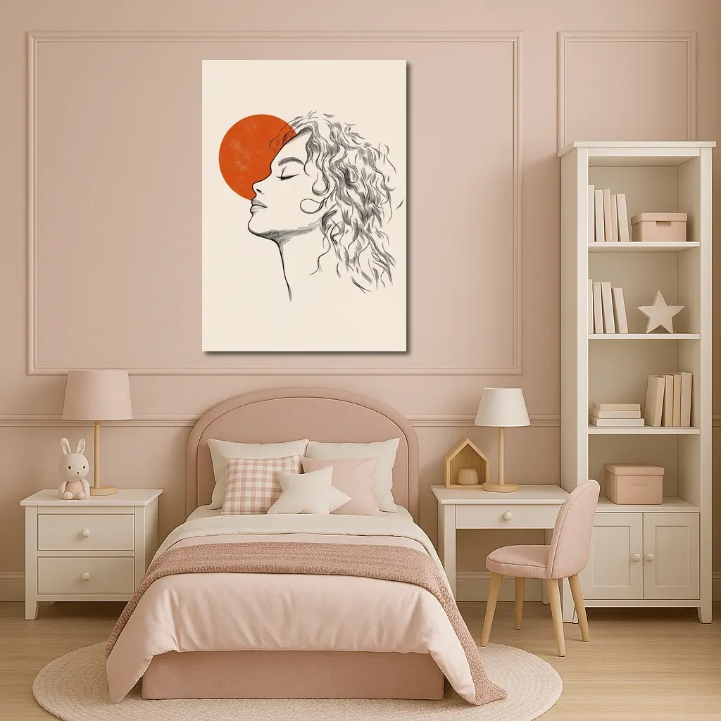 Sketch Woman Profile Red Sun Minimal Art – Wall Art