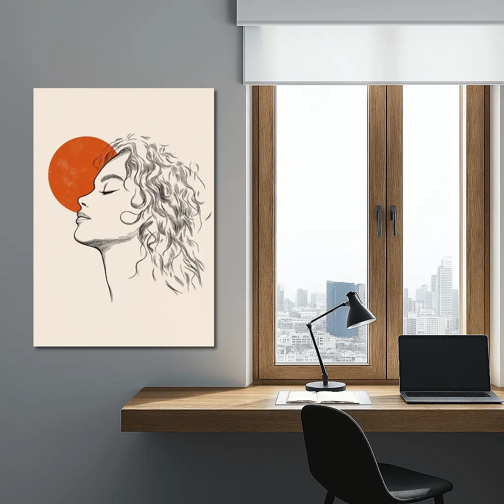 Sketch Woman Profile Red Sun Minimal Art – Wall Art