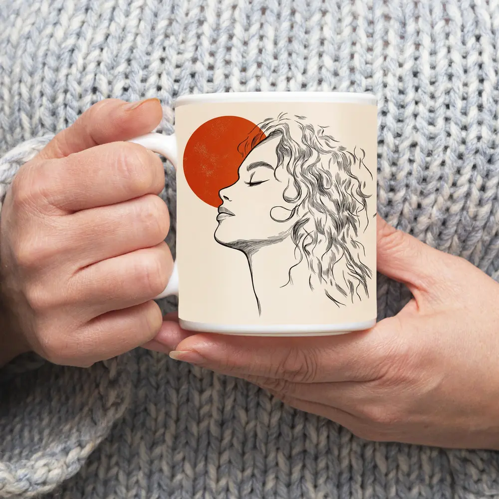 Sketch Woman Profile Red Sun Minimal Art – Mugs