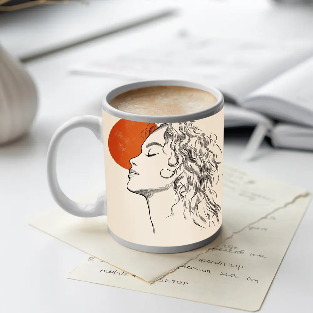 Sketch Woman Profile Red Sun Minimal Art – Mugs