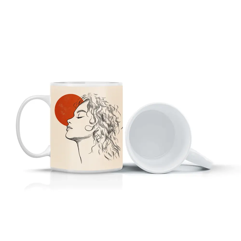 Sketch Woman Profile Red Sun Minimal Art – Mugs