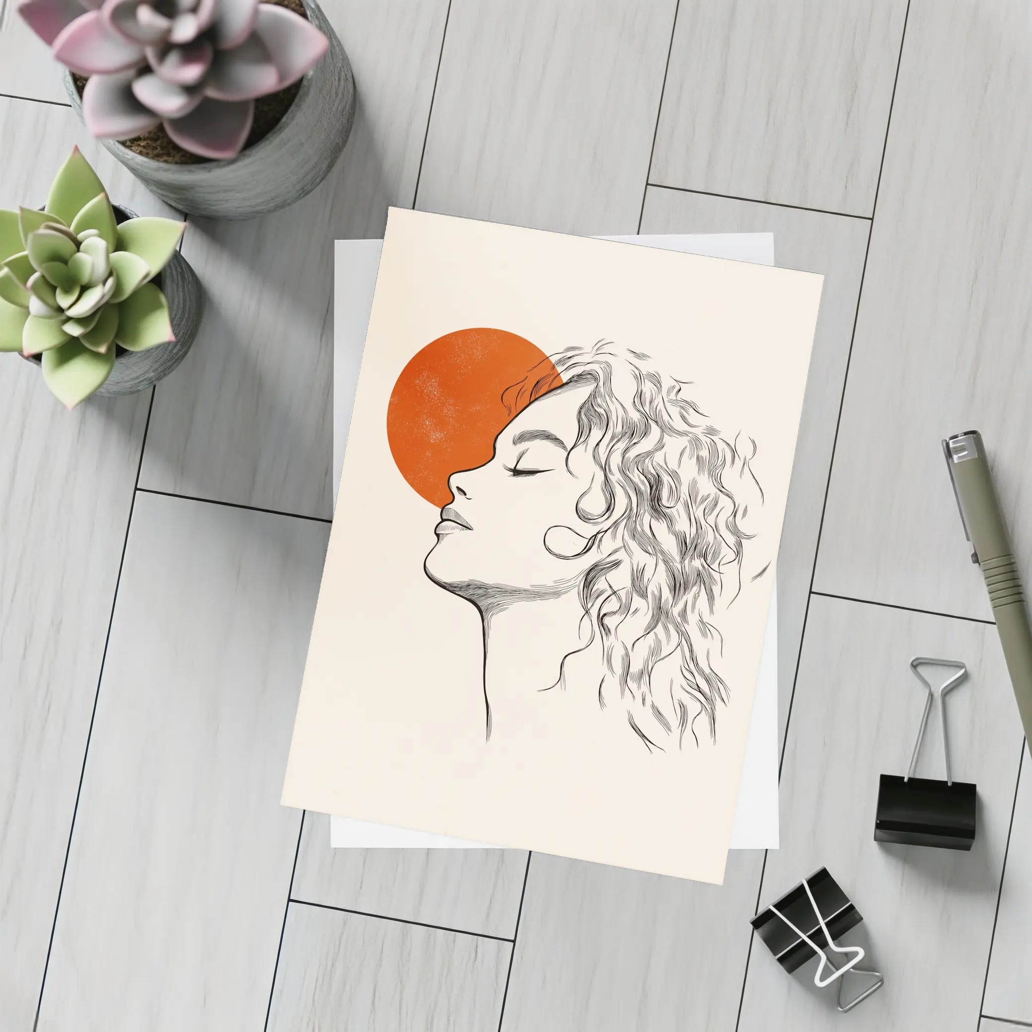 Sketch Woman Profile Red Sun Minimal Art – Postcards