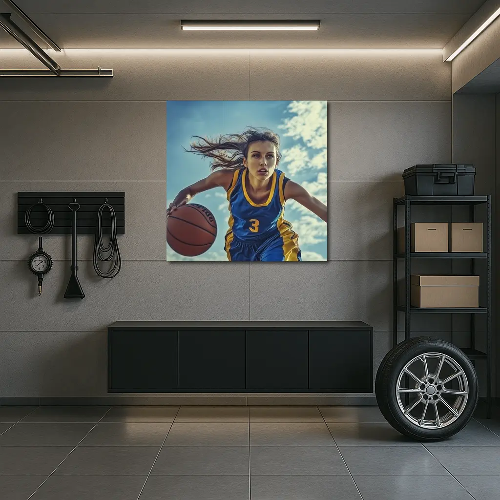 Female Basketball Player Dribbling Blue Sky – Wall Art