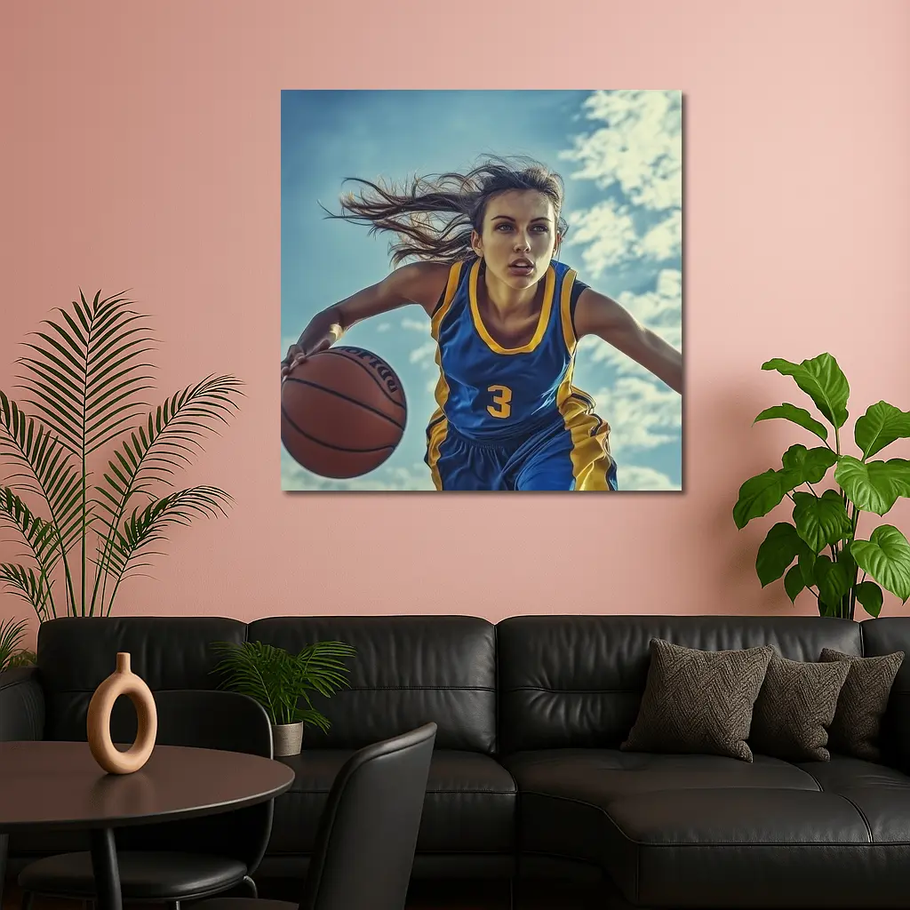 Female Basketball Player Dribbling Blue Sky – Wall Art
