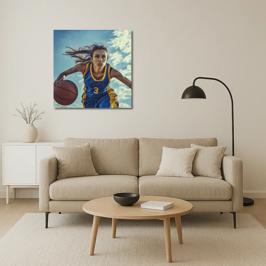 Female Basketball Player Dribbling Blue Sky – Wall Art