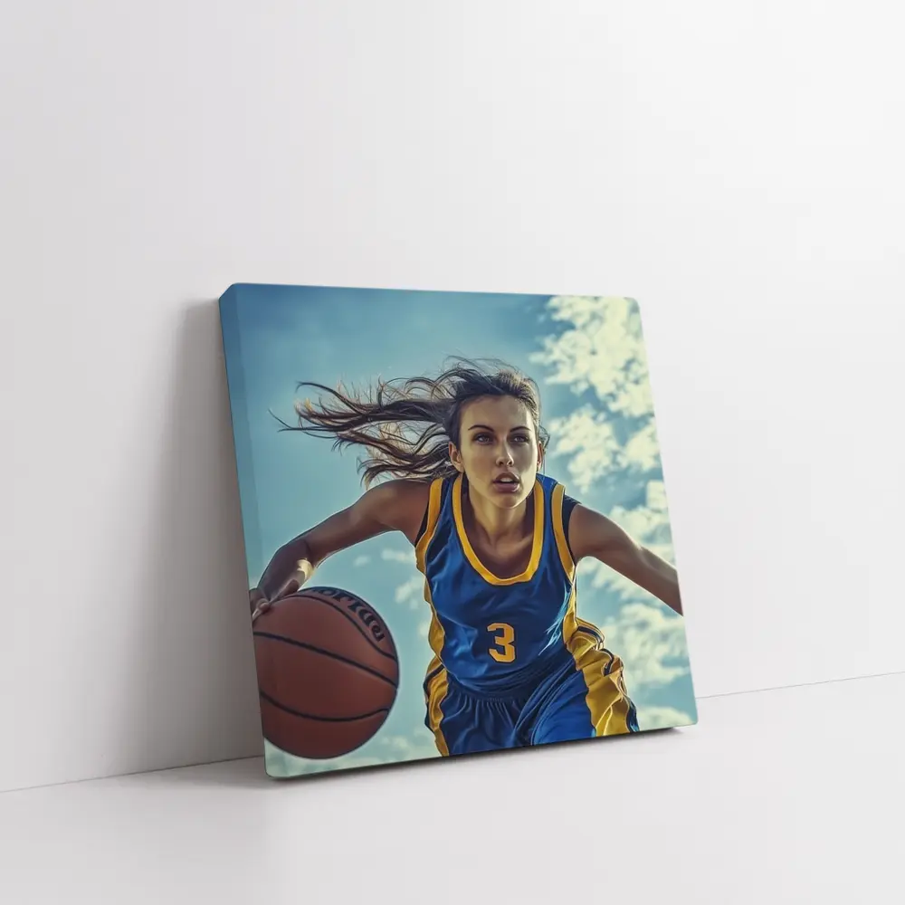 Female Basketball Player Dribbling Blue Sky – Wall Art