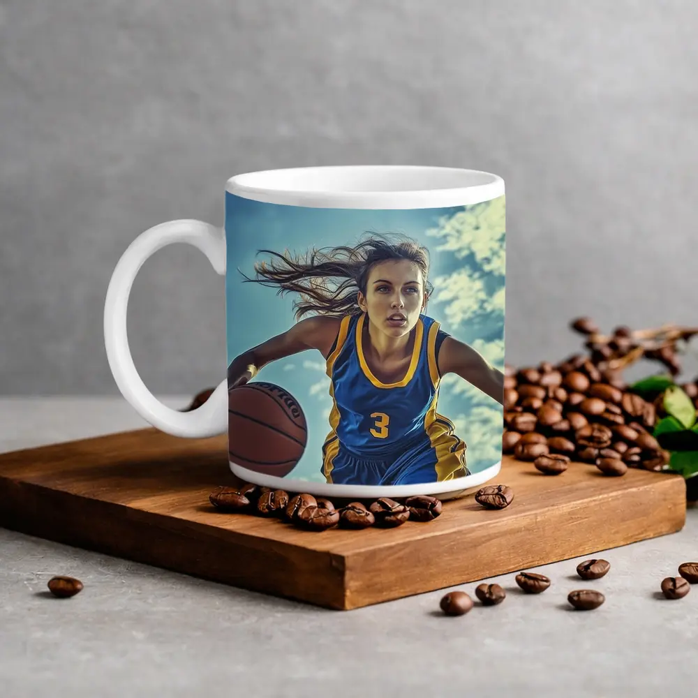 Female Basketball Player Dribbling Blue Sky – Mugs