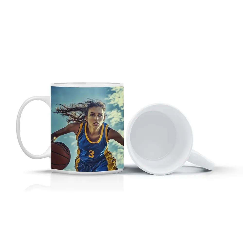 Female Basketball Player Dribbling Blue Sky – Mugs