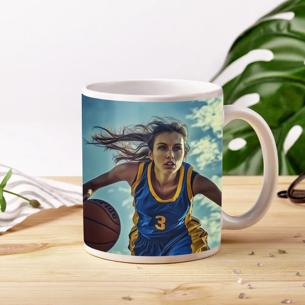 Female Basketball Player Dribbling Blue Sky – Mugs