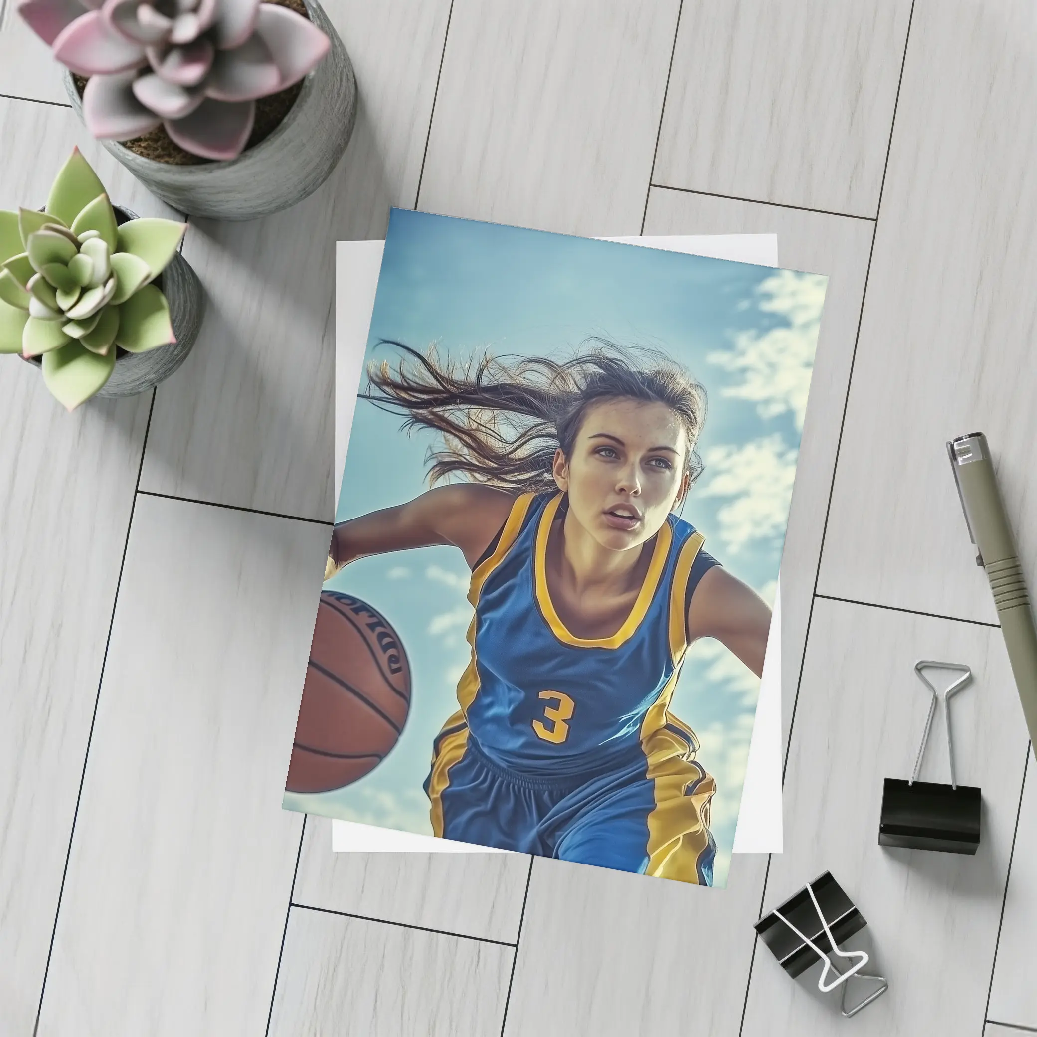 Female Basketball Player Dribbling Blue Sky – Postcards