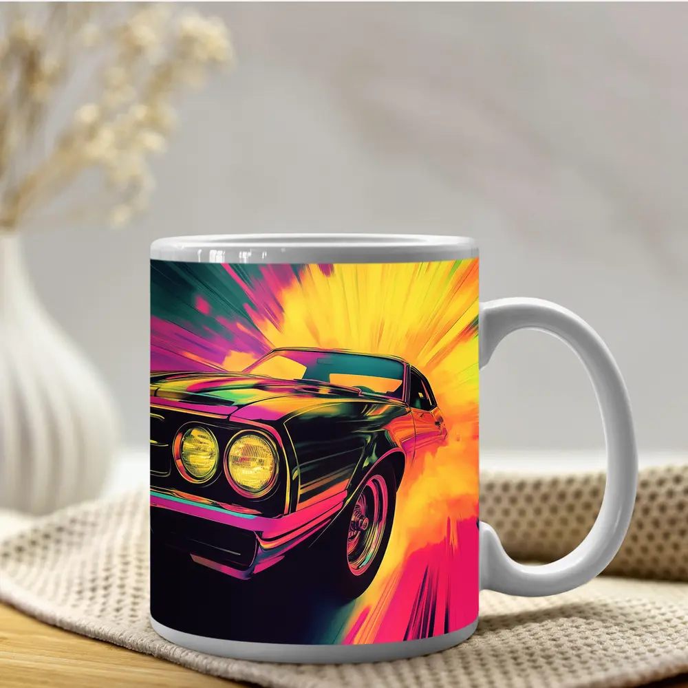 Retro Muscle Car Neon Explosion Pop Art – Mugs