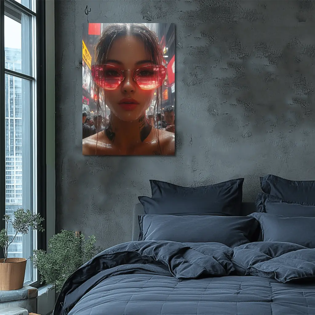 Tattooed Woman Red Glasses Rainy City Street – Wall Art