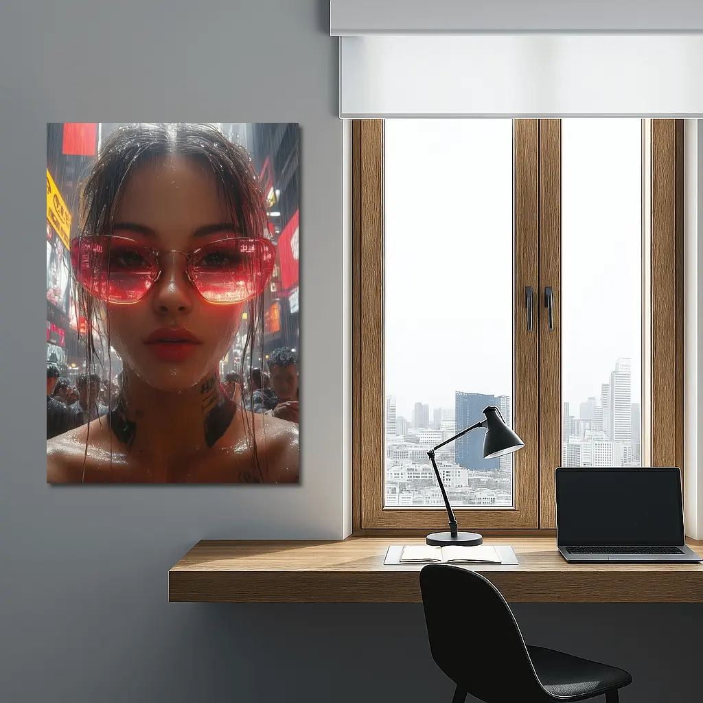Tattooed Woman Red Glasses Rainy City Street – Wall Art