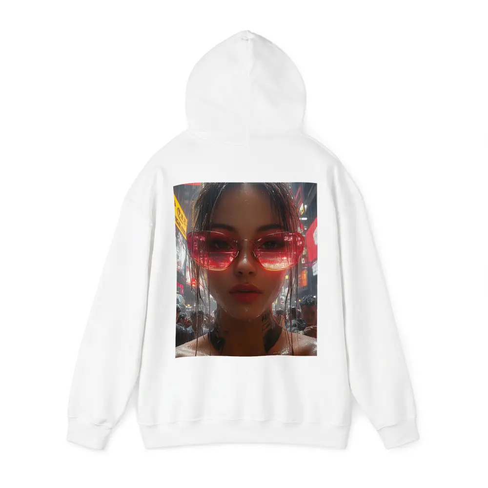 Tattooed Woman Red Glasses Rainy City Street – Hoodies
