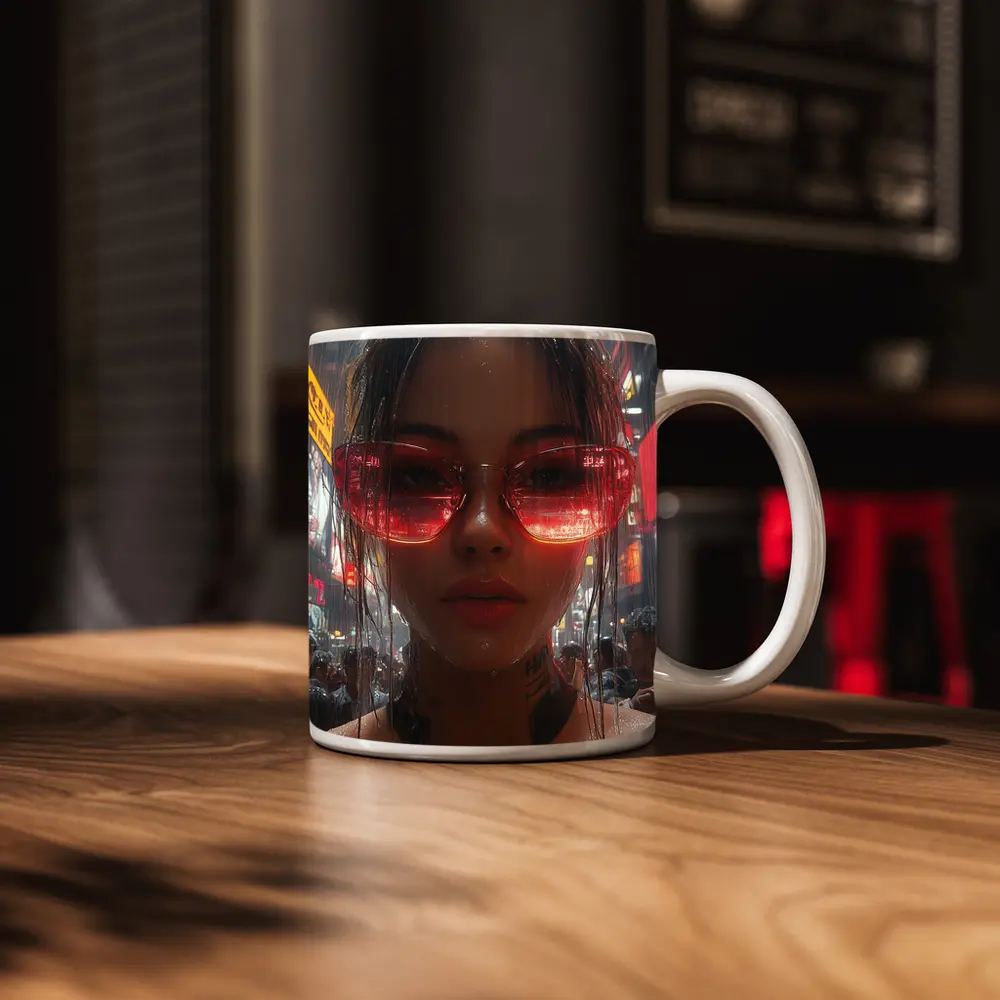 Tattooed Woman Red Glasses Rainy City Street – Mugs