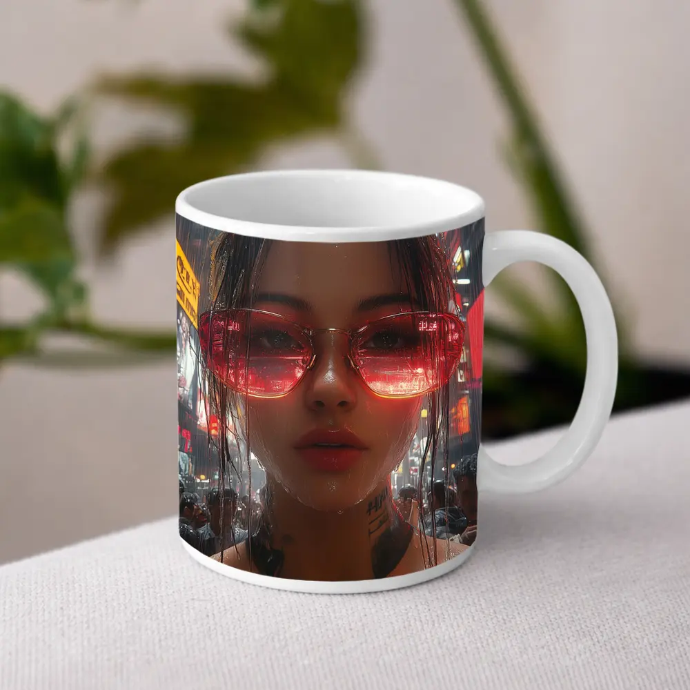 Tattooed Woman Red Glasses Rainy City Street – Mugs