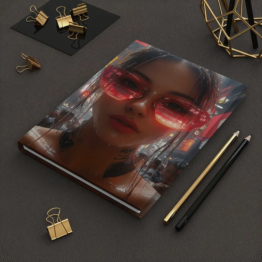 Tattooed Woman Red Glasses Rainy City Street – Notebooks