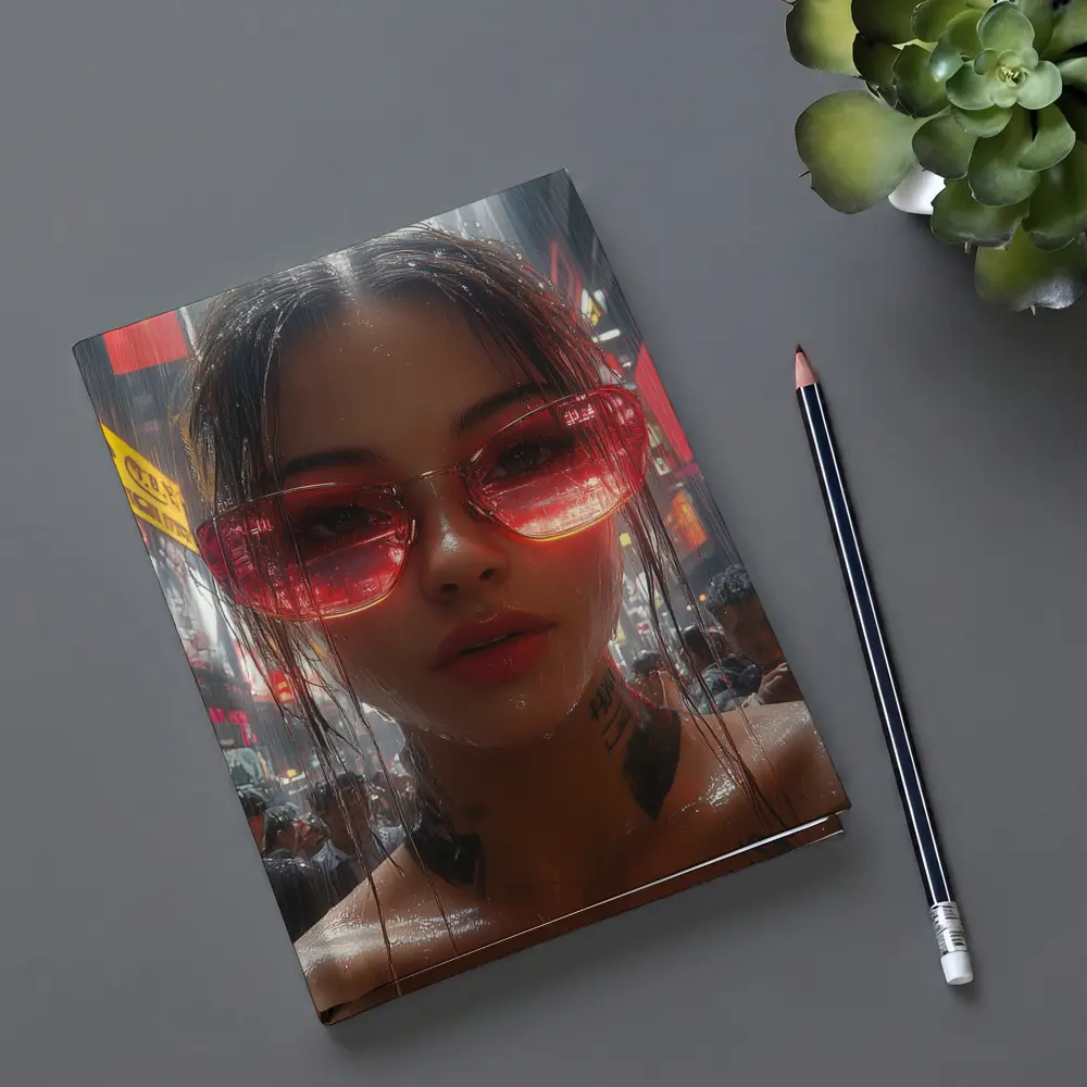 Tattooed Woman Red Glasses Rainy City Street – Notebooks