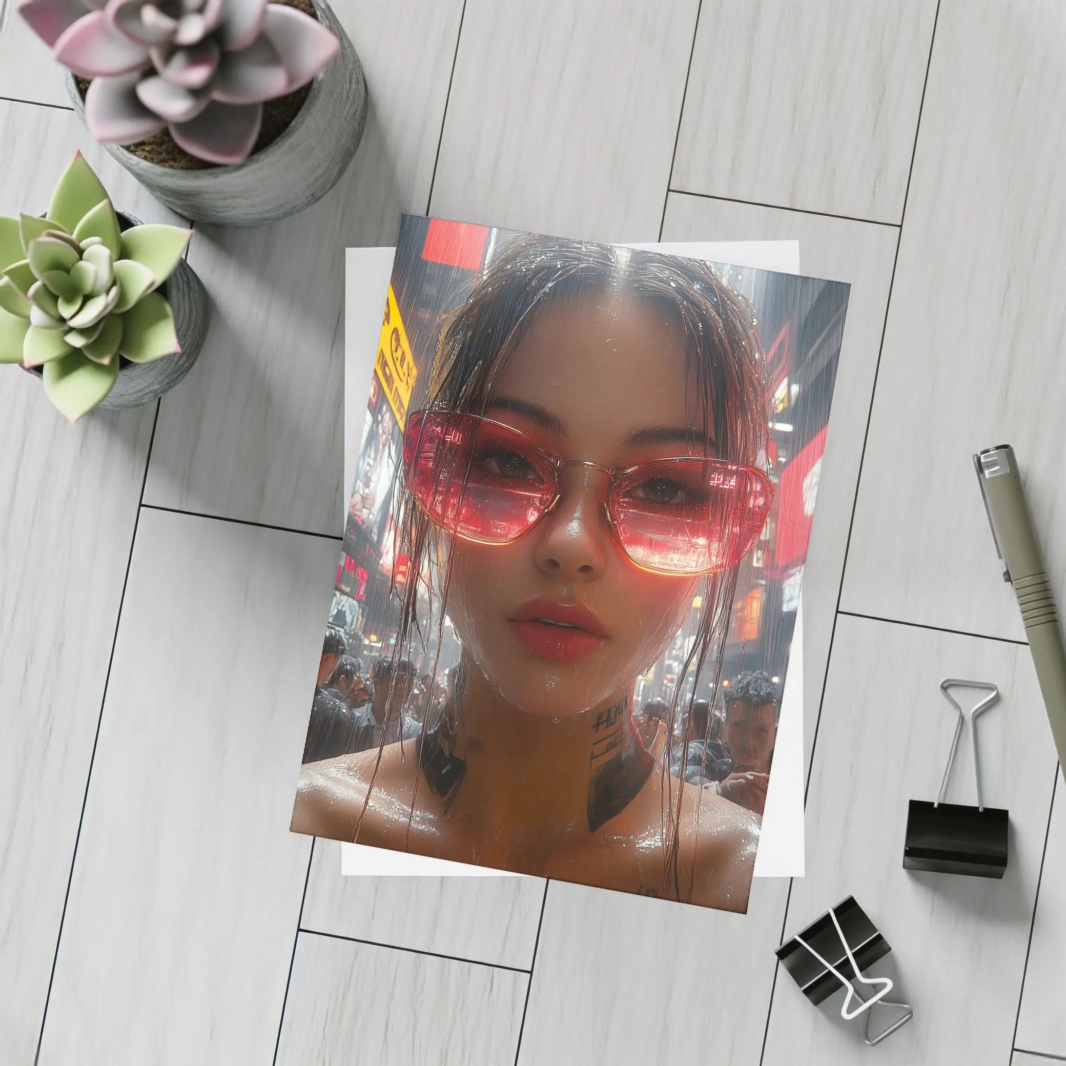 Tattooed Woman Red Glasses Rainy City Street – Postcards