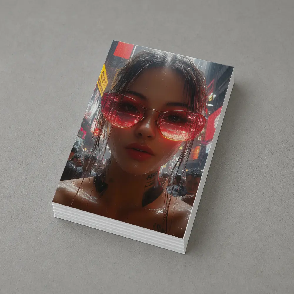 Tattooed Woman Red Glasses Rainy City Street – Postcards