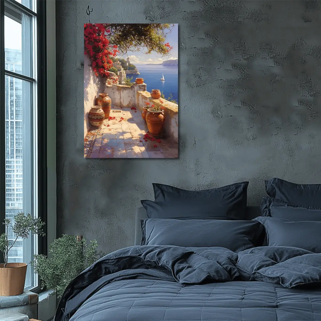 Mediterranean Terrace Bougainvillea Sea View Painting – Wall Art