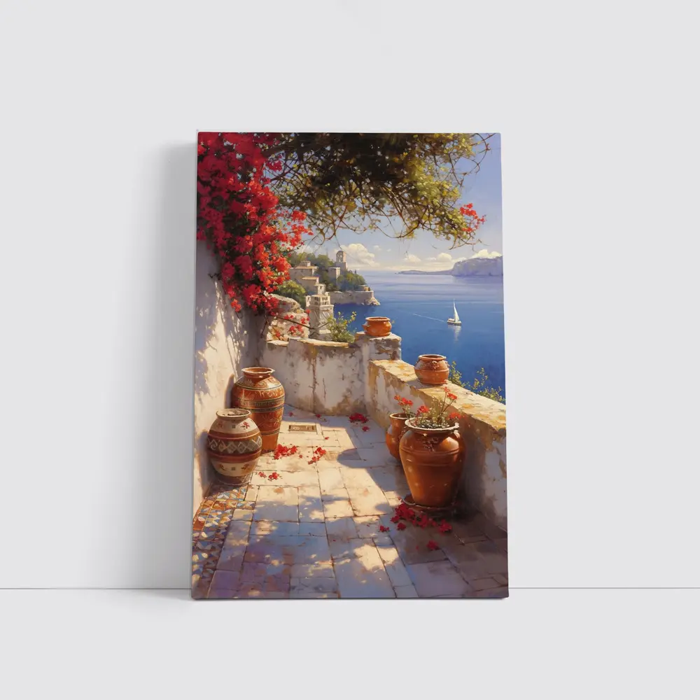 Mediterranean Terrace Bougainvillea Sea View Painting – Wall Art