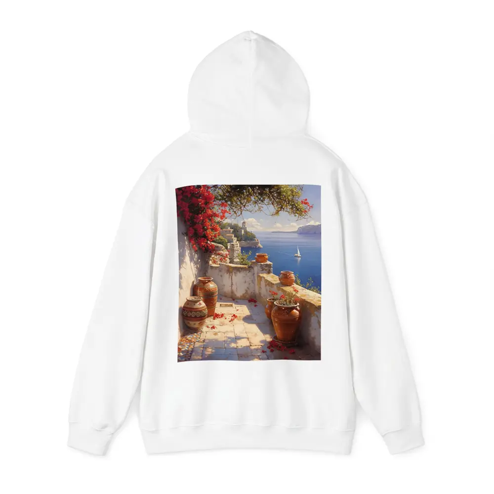 Mediterranean Terrace Bougainvillea Sea View Painting – Hoodies