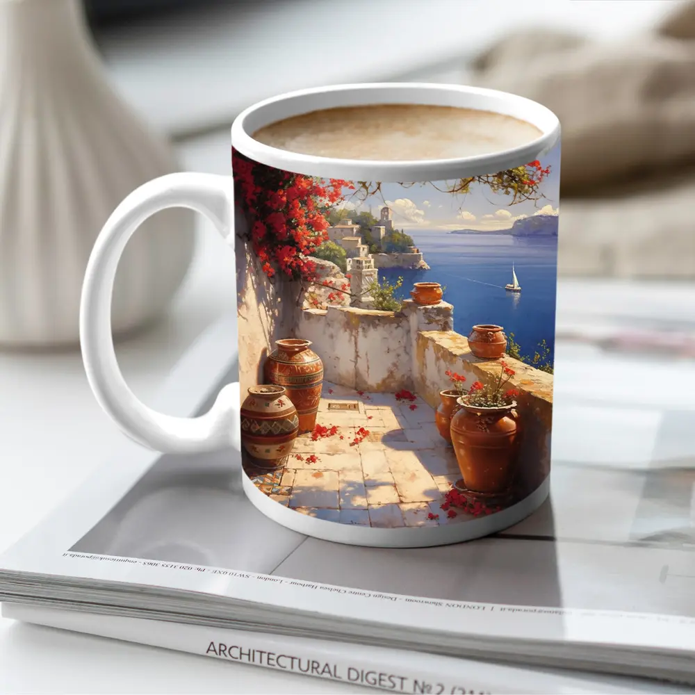 Mediterranean Terrace Bougainvillea Sea View Painting – Mugs