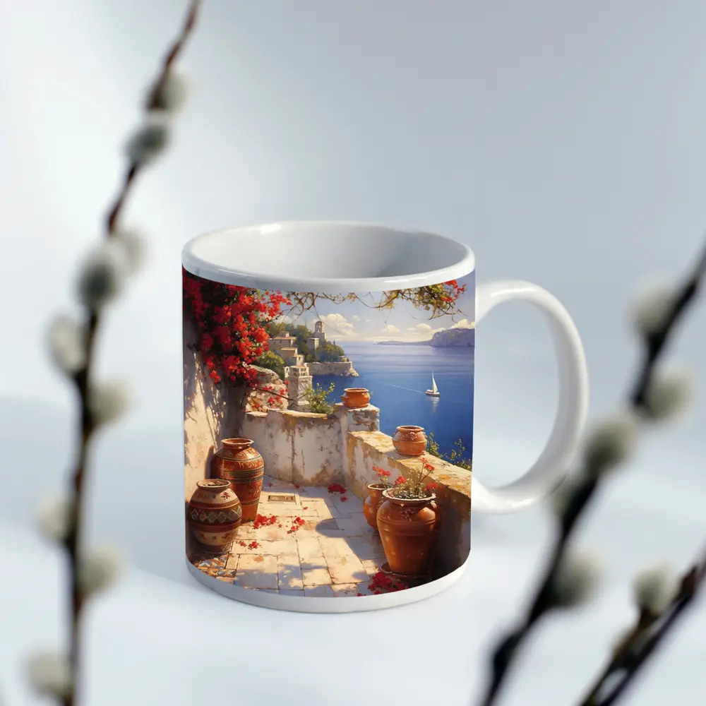 Mediterranean Terrace Bougainvillea Sea View Painting – Mugs