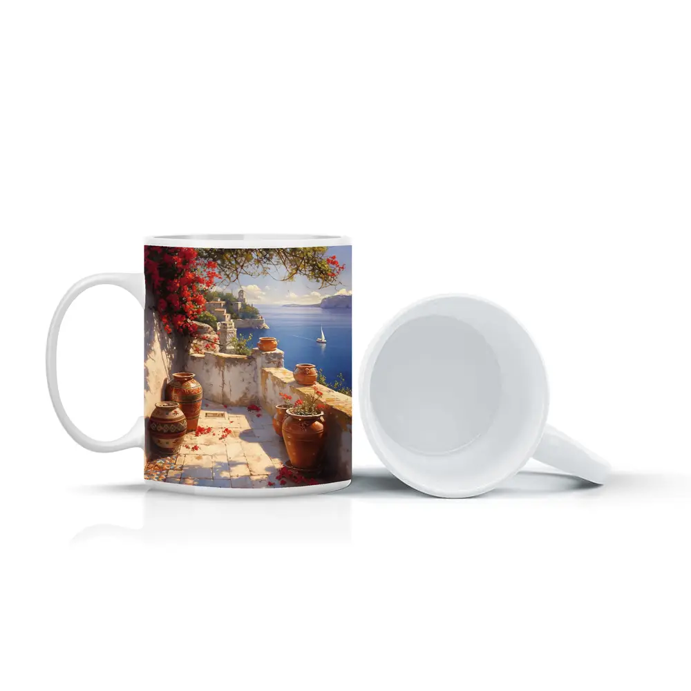 Mediterranean Terrace Bougainvillea Sea View Painting – Mugs