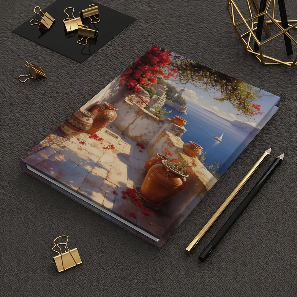 Mediterranean Terrace Bougainvillea Sea View Painting – Notebooks