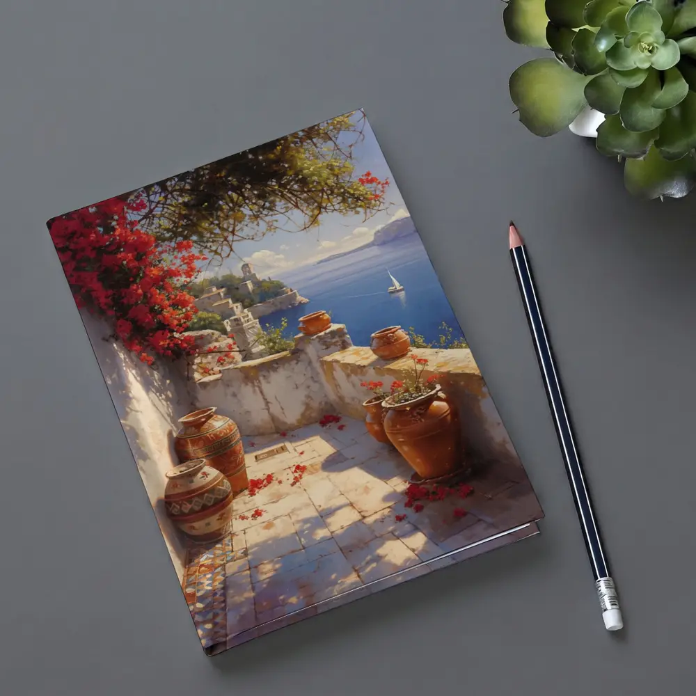 Mediterranean Terrace Bougainvillea Sea View Painting – Notebooks