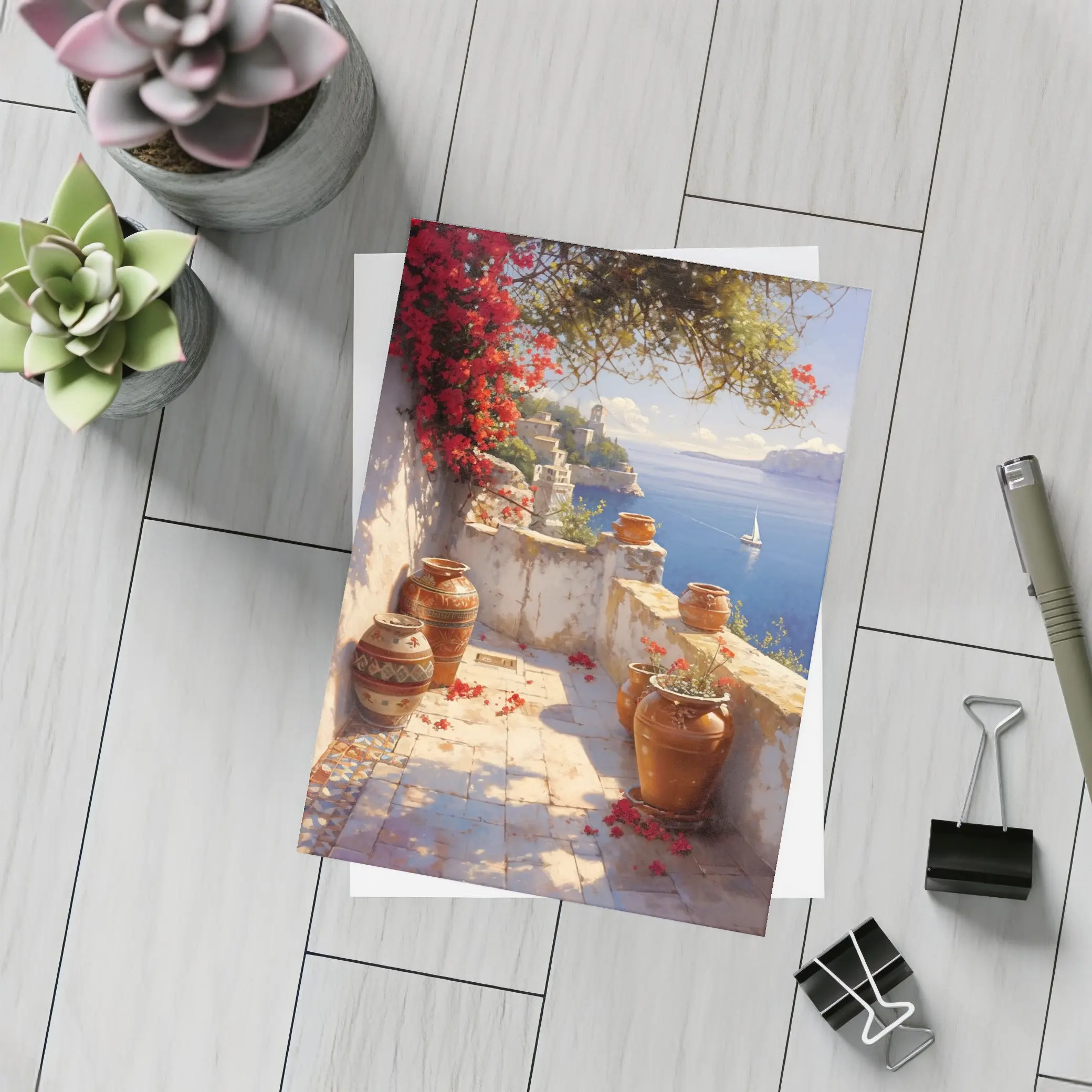 Mediterranean Terrace Bougainvillea Sea View Painting – Postcards