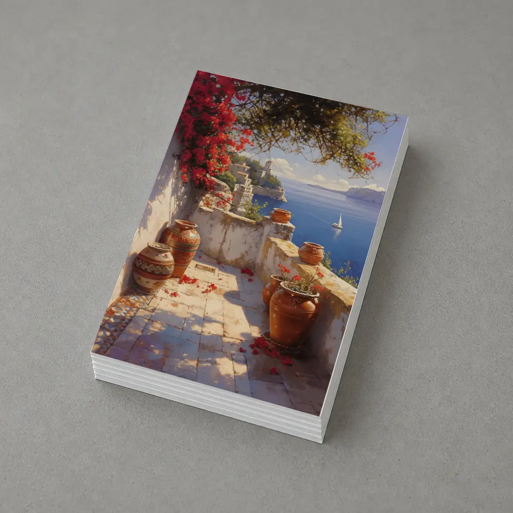 Mediterranean Terrace Bougainvillea Sea View Painting – Postcards