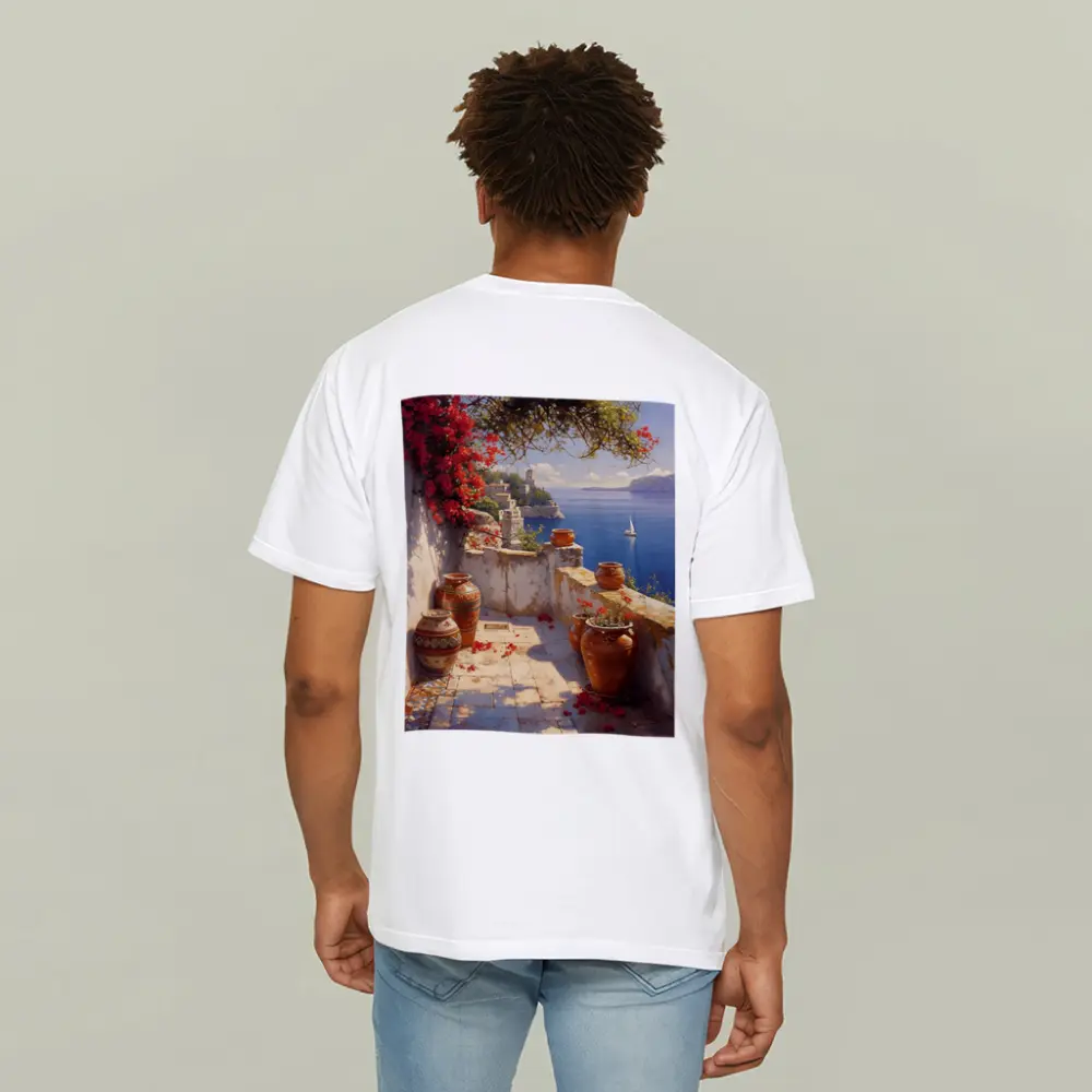 Mediterranean Terrace Bougainvillea Sea View Painting – T-Shirts
