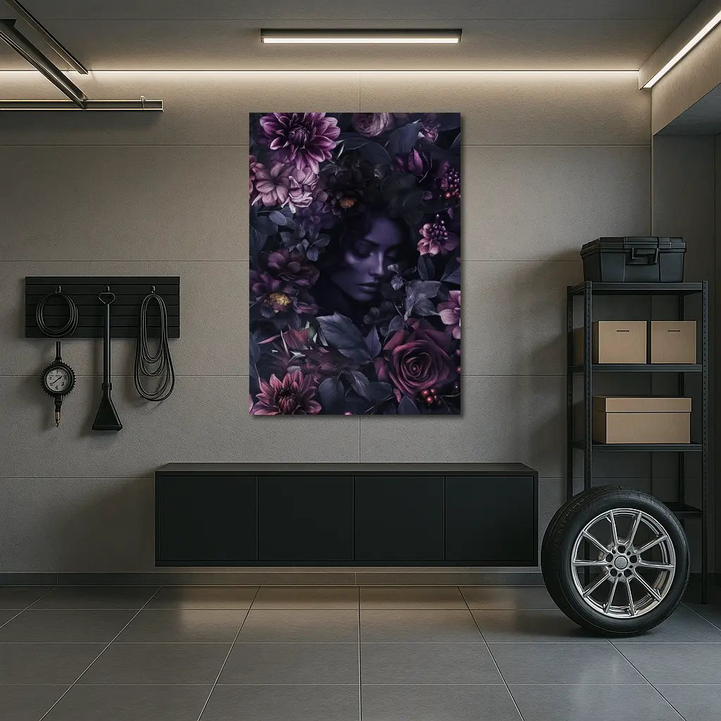 Dark Floral Woman Portrait Purple Roses – Wall Art
