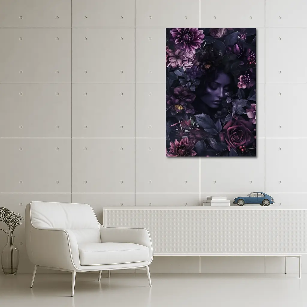 Dark Floral Woman Portrait Purple Roses – Wall Art