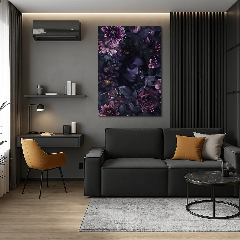 Dark Floral Woman Portrait Purple Roses – Wall Art