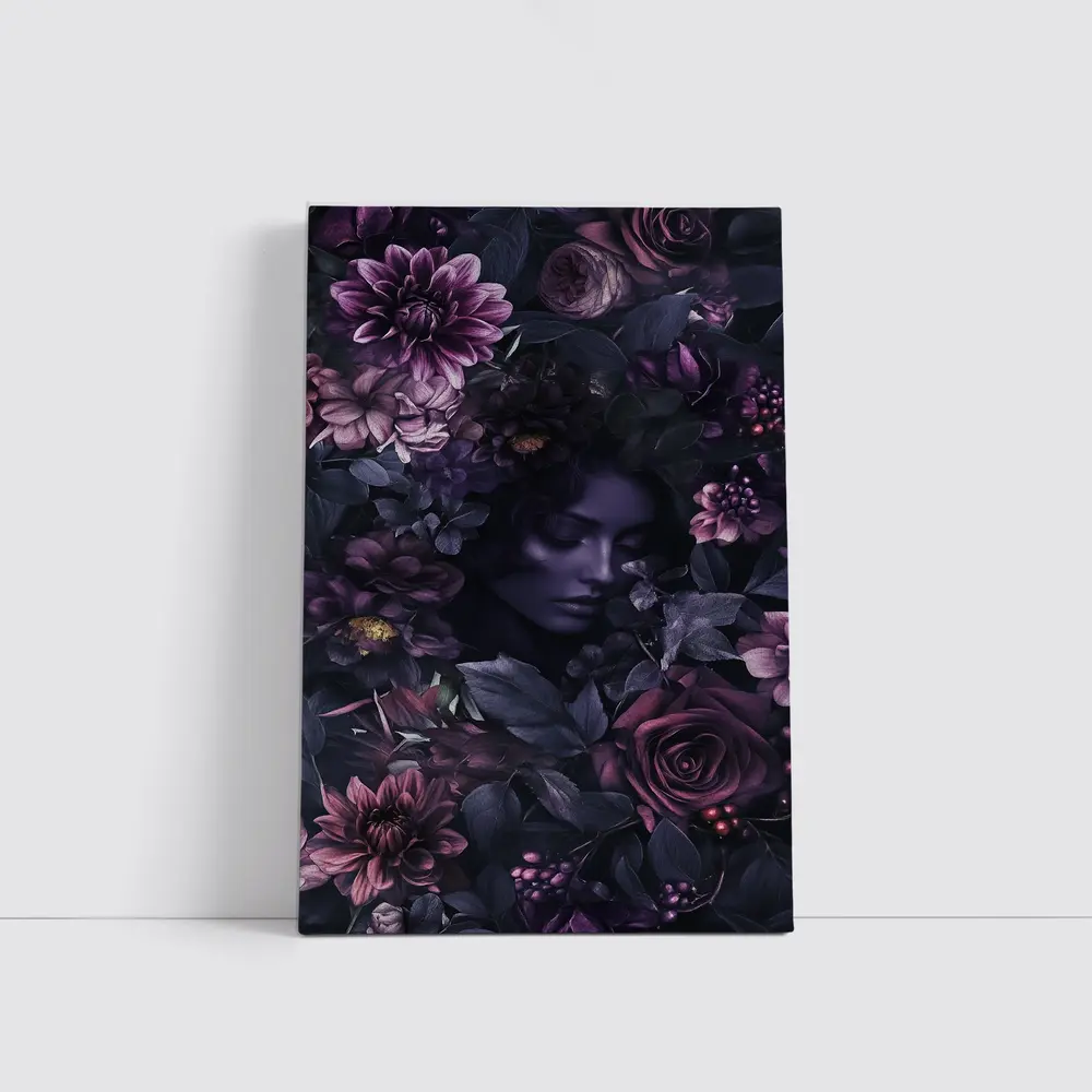 Dark Floral Woman Portrait Purple Roses – Wall Art